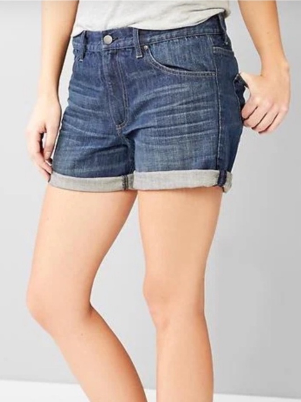 Gap 1969 Sexy Boyfriend Dark Denim Mid Rise 5”Shorts Stretch Cuffs Fleut Wash 25 - Picture 12 of 13